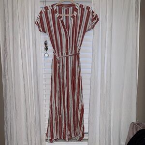 LOFT dusty Red, White, blue Striped Midi Dress
